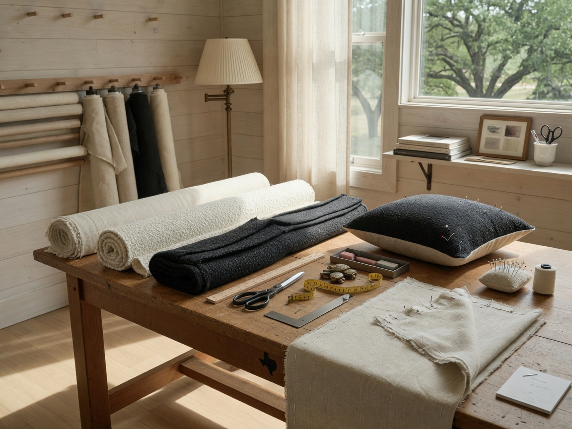 Berkeley Decor custom workroom with linen and bouclé fabrics, shears, and a tailored piece in progress