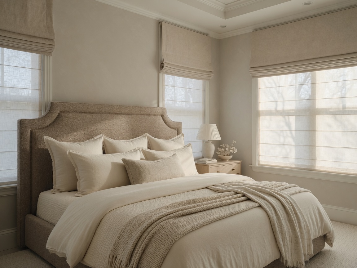 Master bedroom with custom roman shades, roller shades, and a taupe bouclé upholstered headboard
