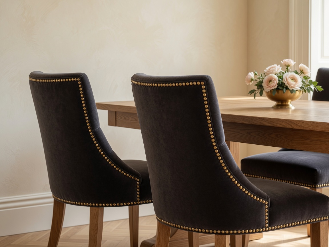 Reupholstered dining chairs in rich charcoal velvet with brass nailhead trim