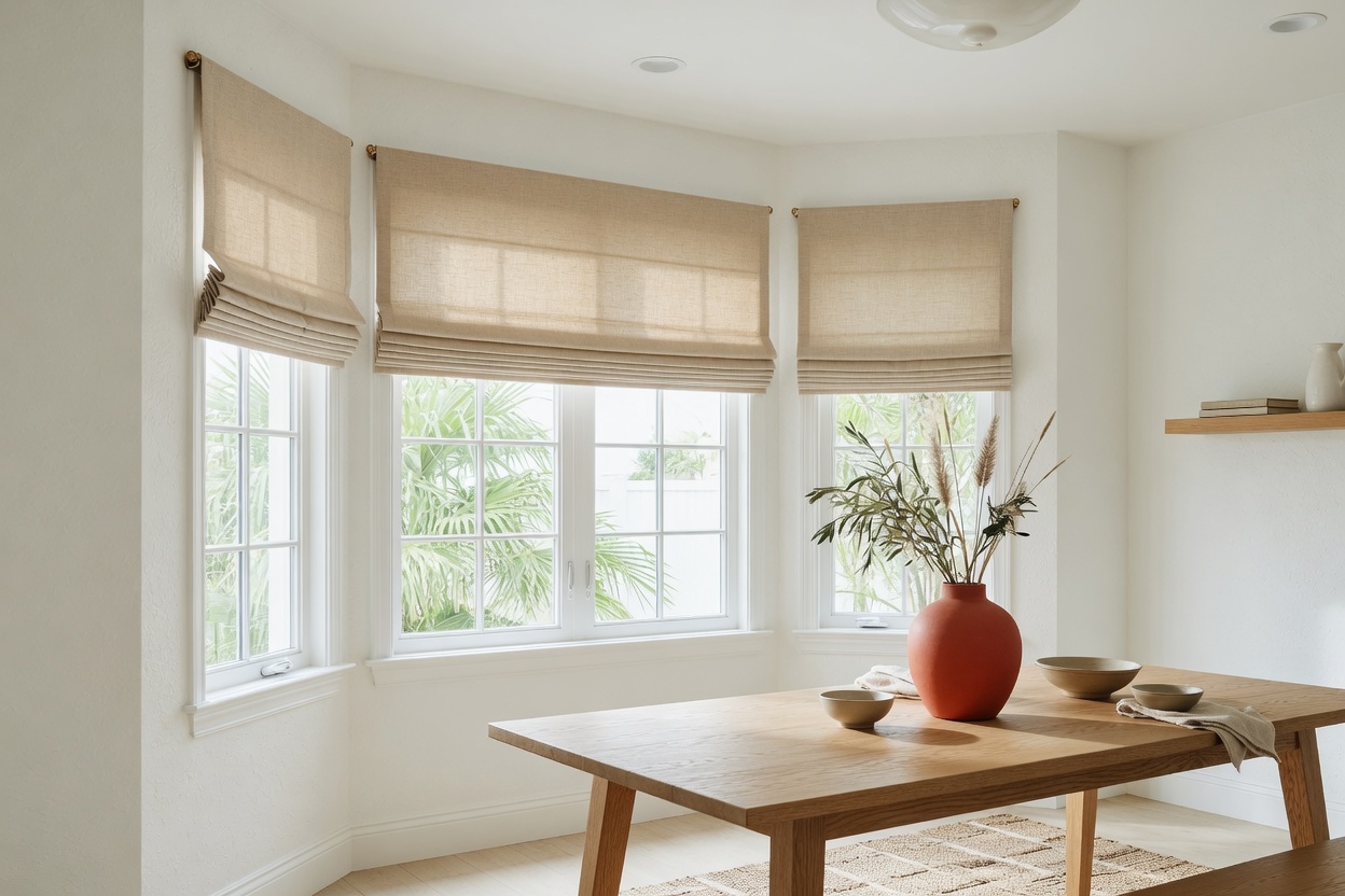 Dining room with soft sand linen roman shades over a bay window