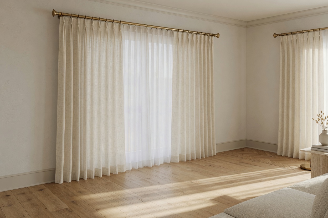 Custom floor-to-ceiling ivory linen drapery layered with sheers in a sunlit living room