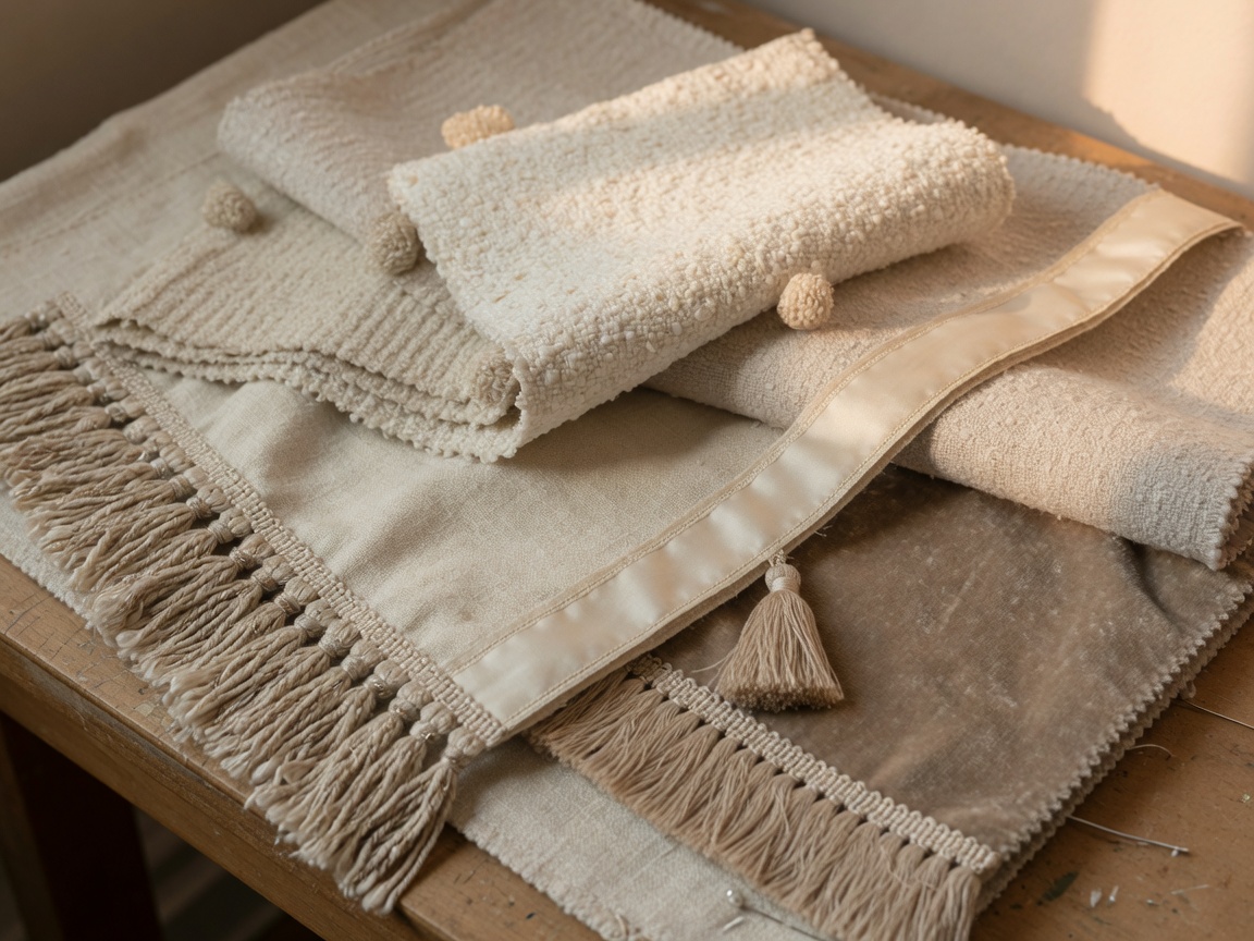 Close-up of linen, bouclé, velvet fabrics and decorative trims in cream oat and taupe tones