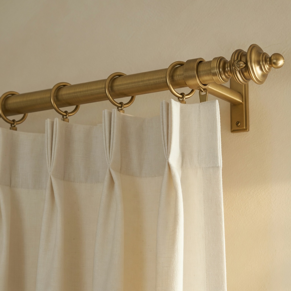 Brushed brass drapery hardware with soft ivory linen fabric folds