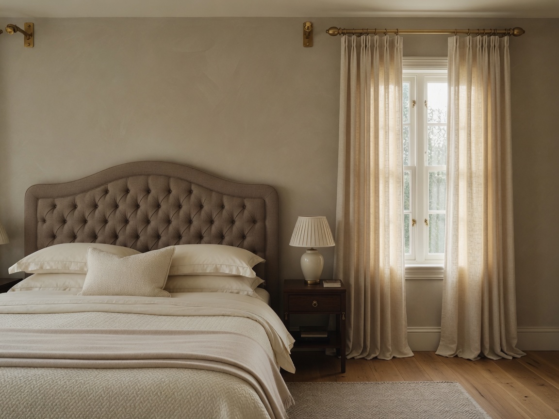 Detail of custom tufted taupe bouclé headboard and brass drapery hardware