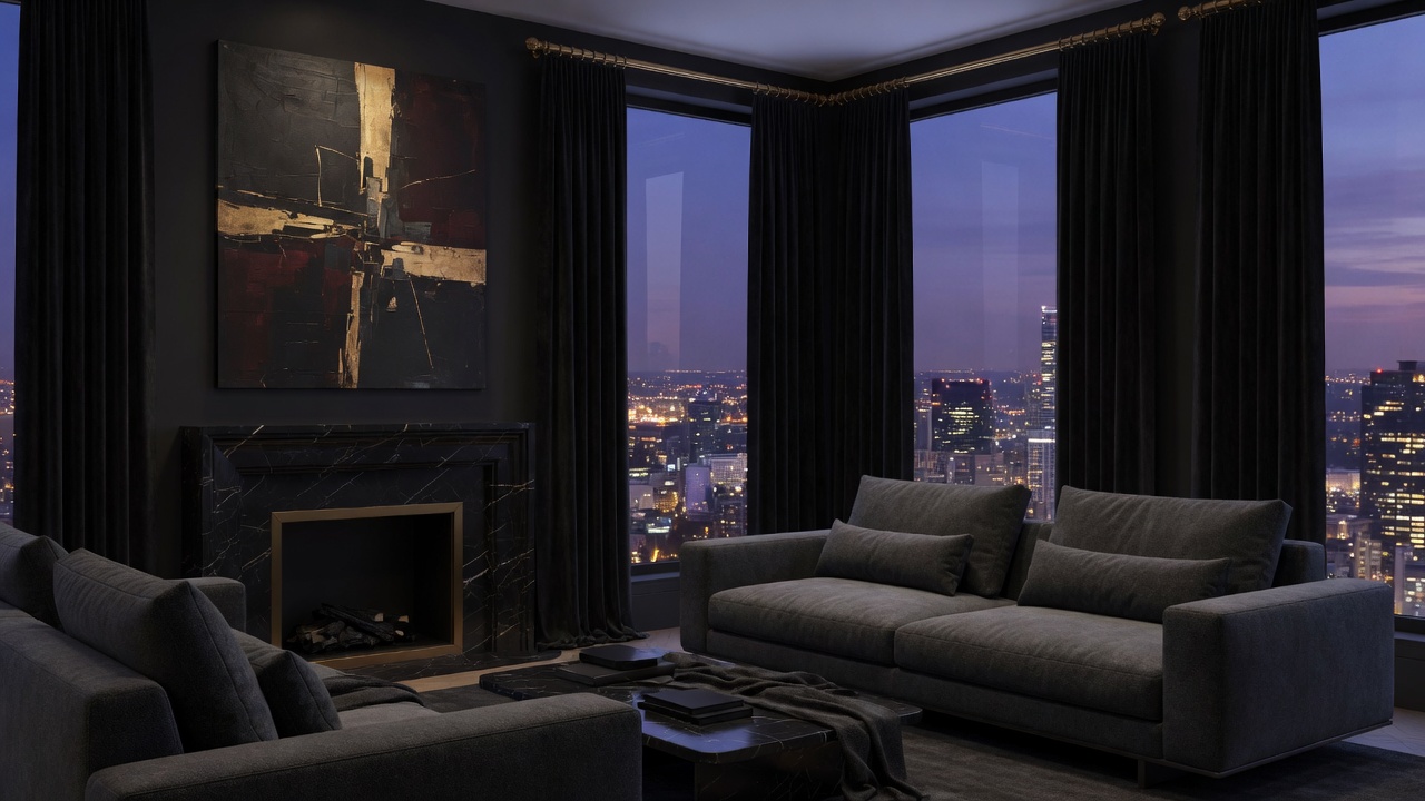 Rich charcoal living room with brass highlights, custom seating, and elegant drapery
