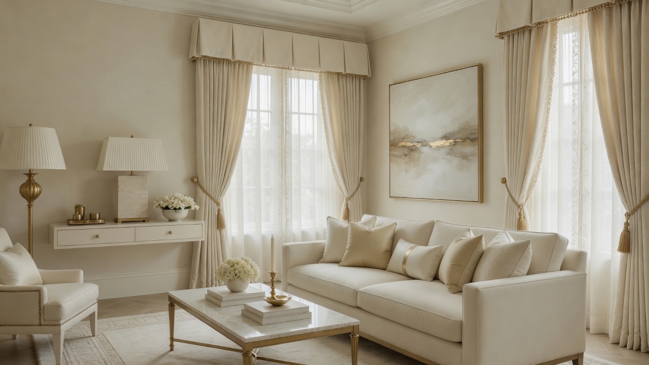 Elegant cream living room with soft gold accents, tailored upholstery, and layered custom drapery