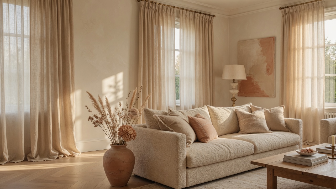 Luxurious Frisco living room with floor-to-ceiling custom drapery and elegant upholstered furniture in warm neutral tones