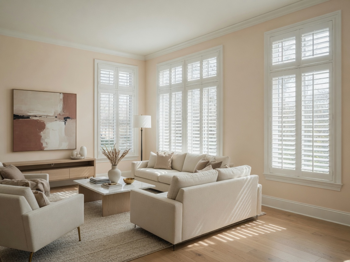 Bright modern living room with finished white plantation shutters