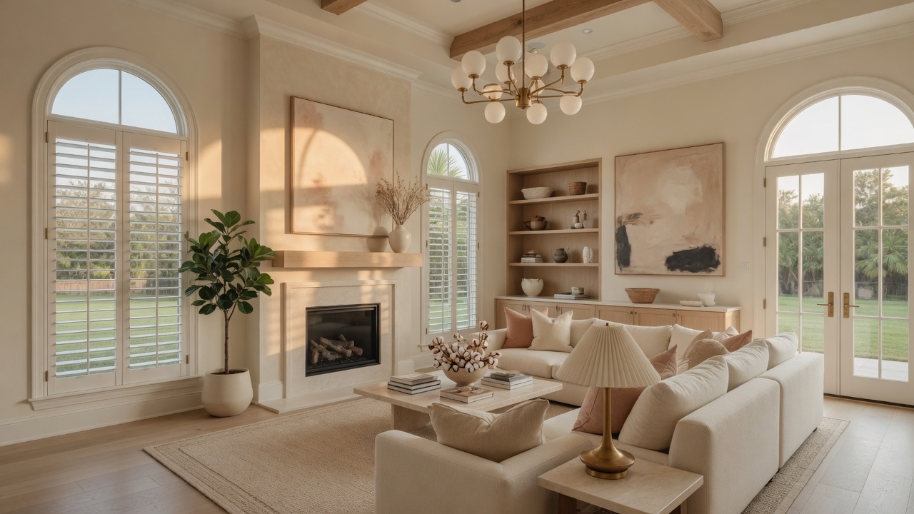 White plantation shutters in a bright modern Frisco home with warm natural light