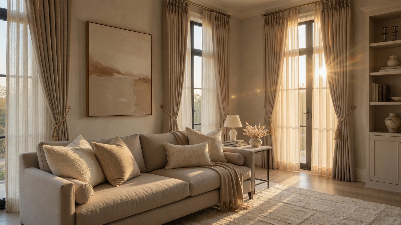 Elegant sitting room with taupe upholstered sofa and custom floor-to-ceiling drapery