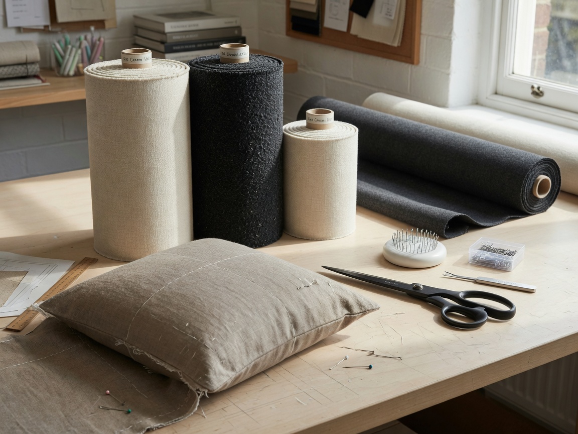 Clean workroom table with premium upholstery fabric rolls and a cushion in progress